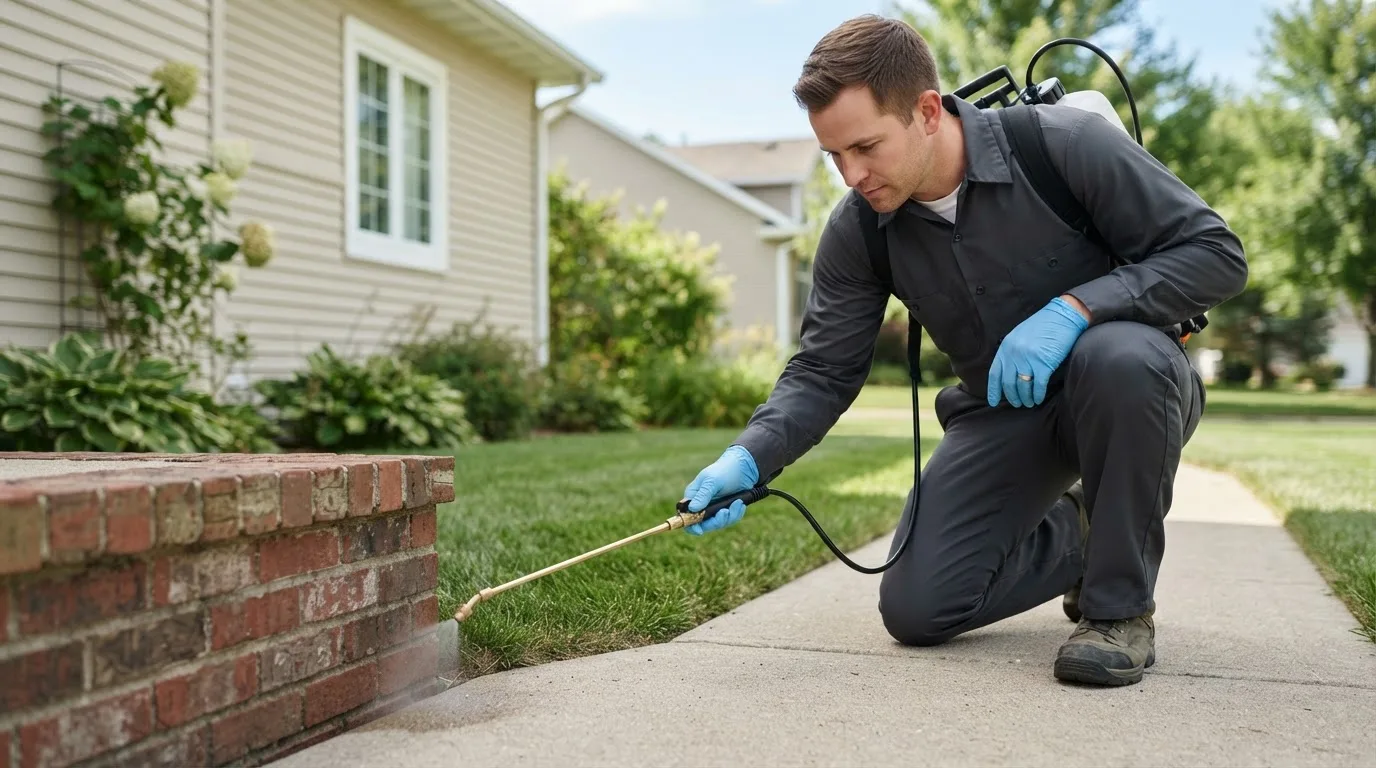 Pest control technician treating a home near State Farm, VA