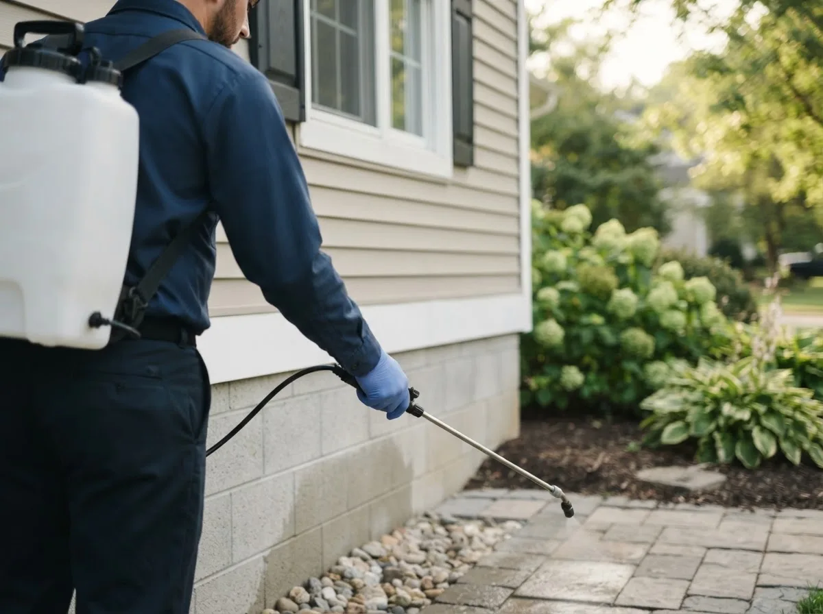Pest control technician inspecting a home in State Farm, VA